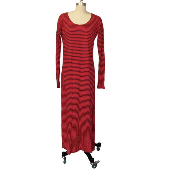 Peruvian Connection Maxi Dress Size S Red Blue Stripe Jersey Knit Cotton Blend - Picture 1 of 7